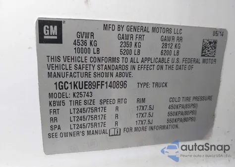 2015 Chevrolet Silverado K2500 Heavy Duty z USA, uszkodzony, nr VIN 1GC1KUE89FF140896